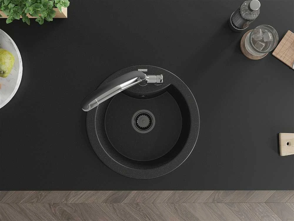 Granitinė virtuvinė plautuvė Mexen Diego su maišytuvu ir sifonu, Metallic juodas/sidabrinis+Juodas/Chrome