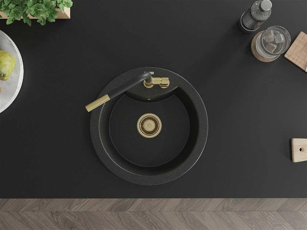 Granitinė virtuvinė plautuvė Mexen Diego su maišytuvu ir sifonu, Metallic juodas/sidabrinis+Juodas/Gold