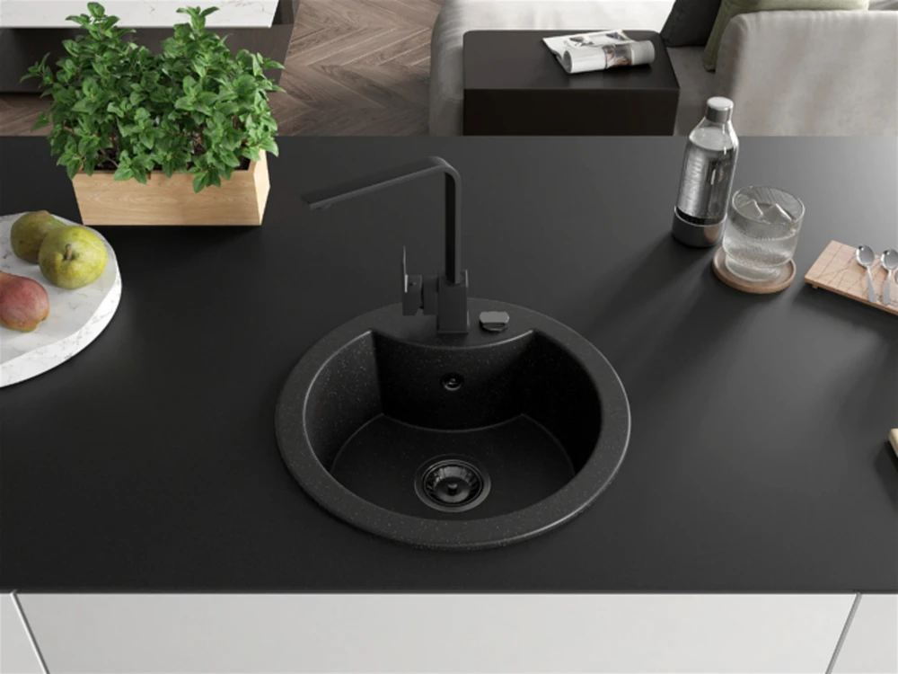 Granitinė virtuvinė plautuvė Mexen Diego su maišytuvu ir sifonu, Metallic juodas/sidabrinis+Juodas(B)