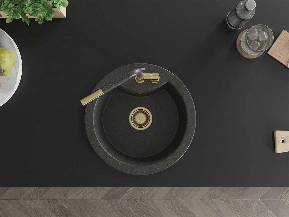 Granitinė virtuvinė plautuvė Mexen Diego su maišytuvu ir sifonu, Juodas granite+Juodas granite/Gold