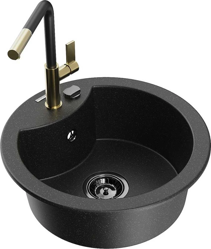 Granitinė virtuvinė plautuvė Mexen Diego su maišytuvu ir sifonu, Metallic juodas/sidabrinis+Juodas/Gold