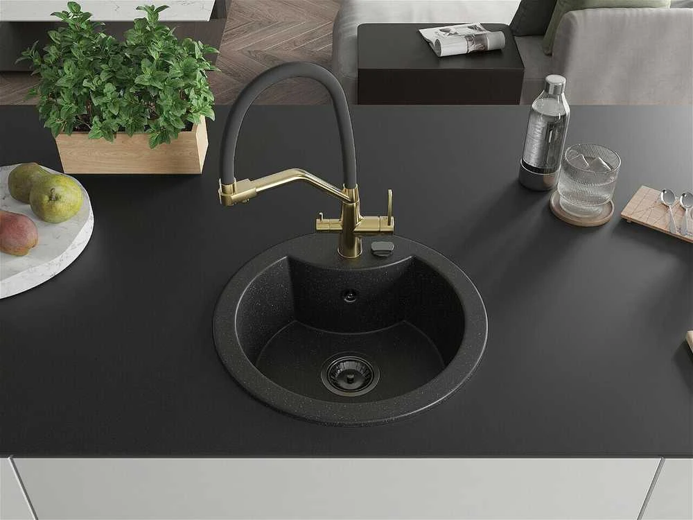 Granitinė virtuvinė plautuvė Mexen Diego su maišytuvu ir sifonu, Metallic juodas/sidabrinis+Juodas/Gold