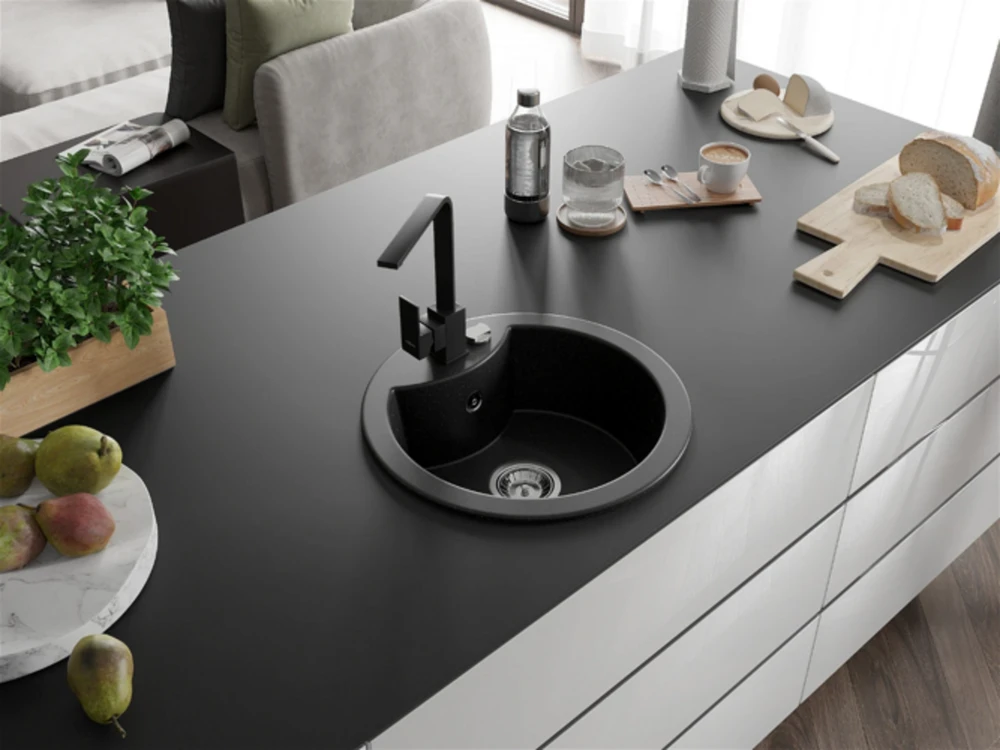 Granitinė virtuvinė plautuvė Mexen Diego su maišytuvu ir sifonu, Metallic juodas/sidabrinis+Juodas