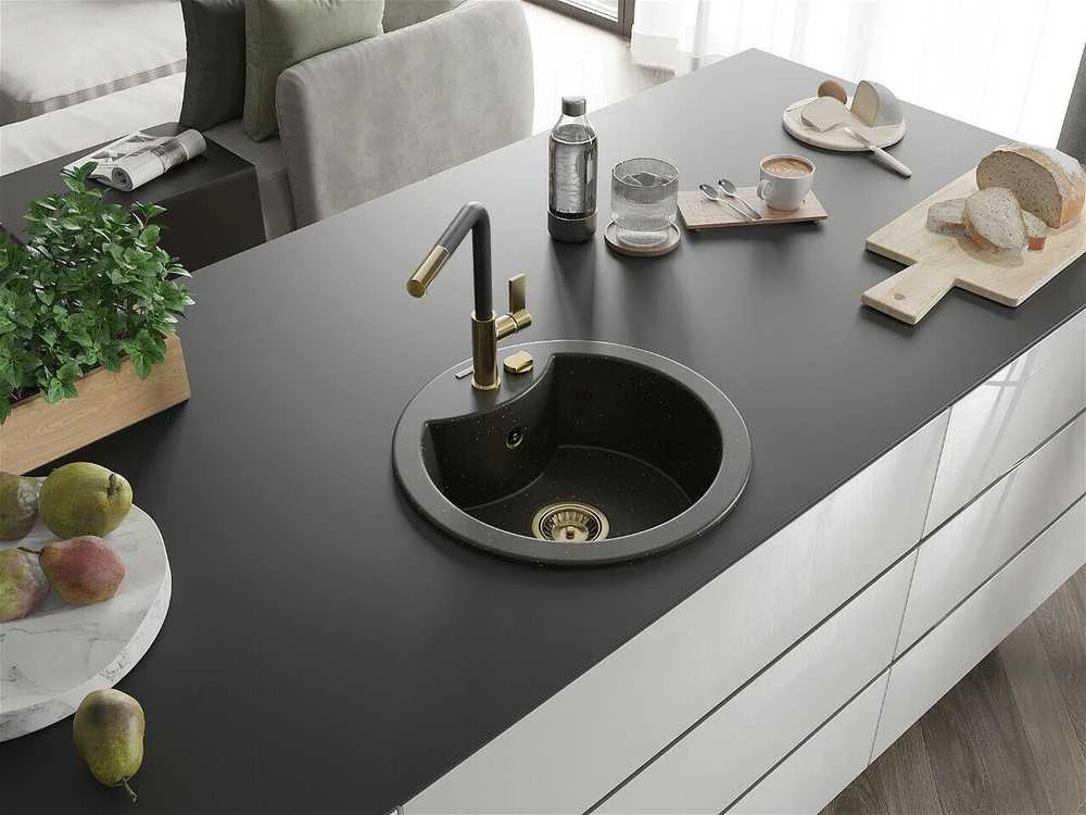Granitinė virtuvinė plautuvė Mexen Diego su maišytuvu ir sifonu, Metallic juodas/auksinis+Juodas/Gold
