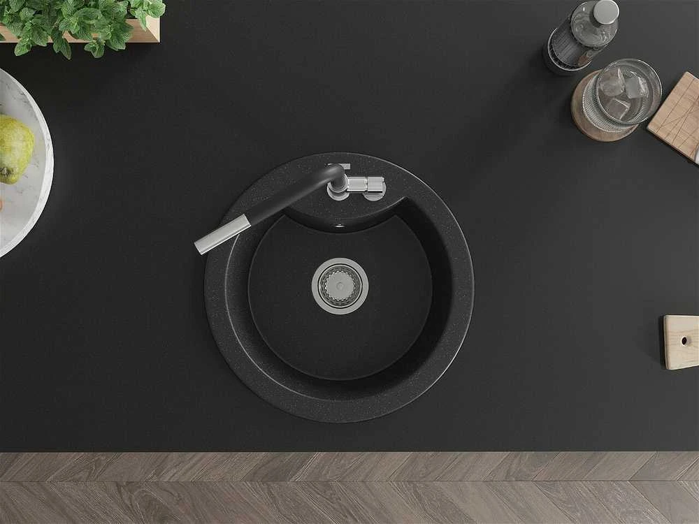 Granitinė virtuvinė plautuvė Mexen Diego su maišytuvu ir sifonu, Metallic juodas/sidabrinis+Juodas/Chrome
