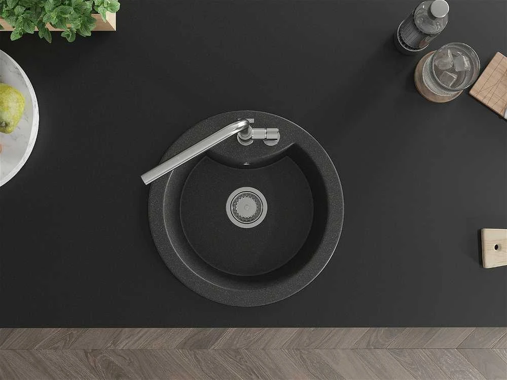 Granitinė virtuvinė plautuvė Mexen Diego su maišytuvu ir sifonu, Juodas granite+Chrome