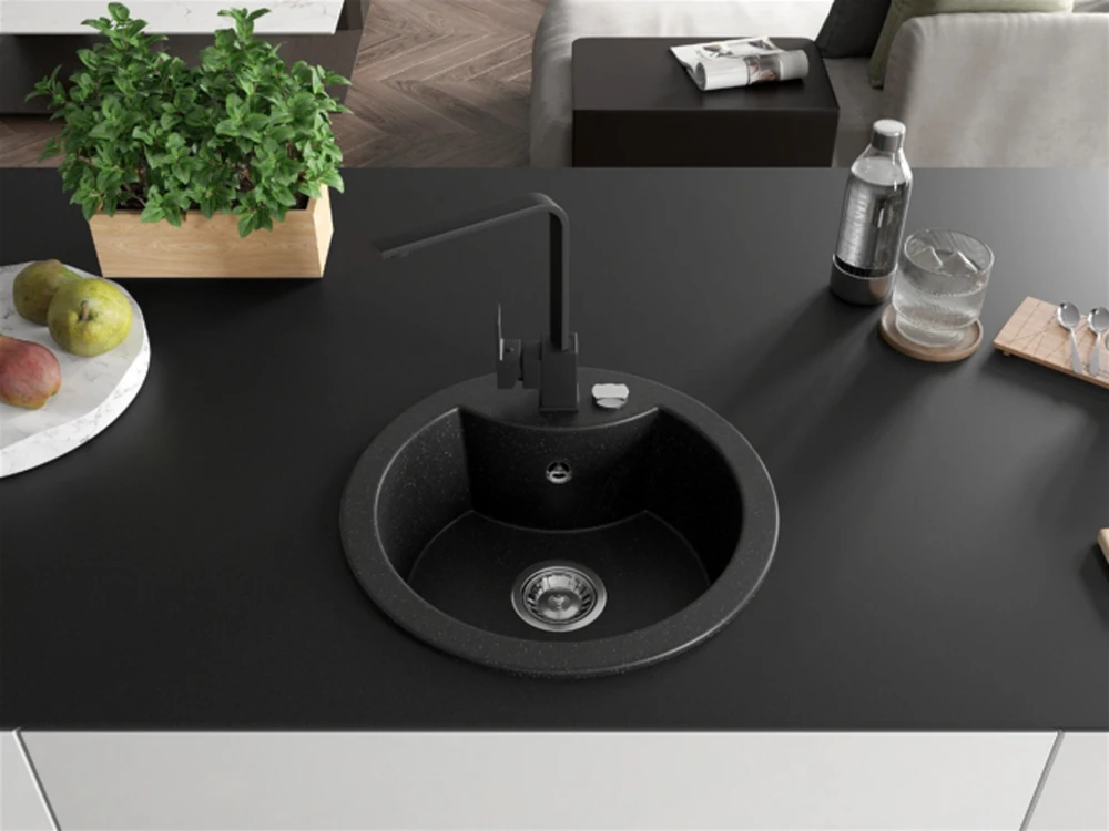 Granitinė virtuvinė plautuvė Mexen Diego su maišytuvu ir sifonu, Metallic juodas/sidabrinis+Juodas