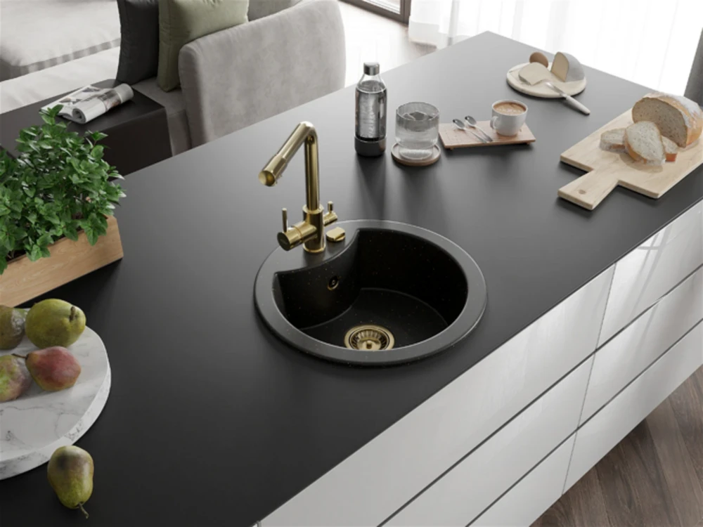 Granitinė virtuvinė plautuvė Mexen Diego su maišytuvu ir sifonu, Metallic juodas/auksinis+Gold