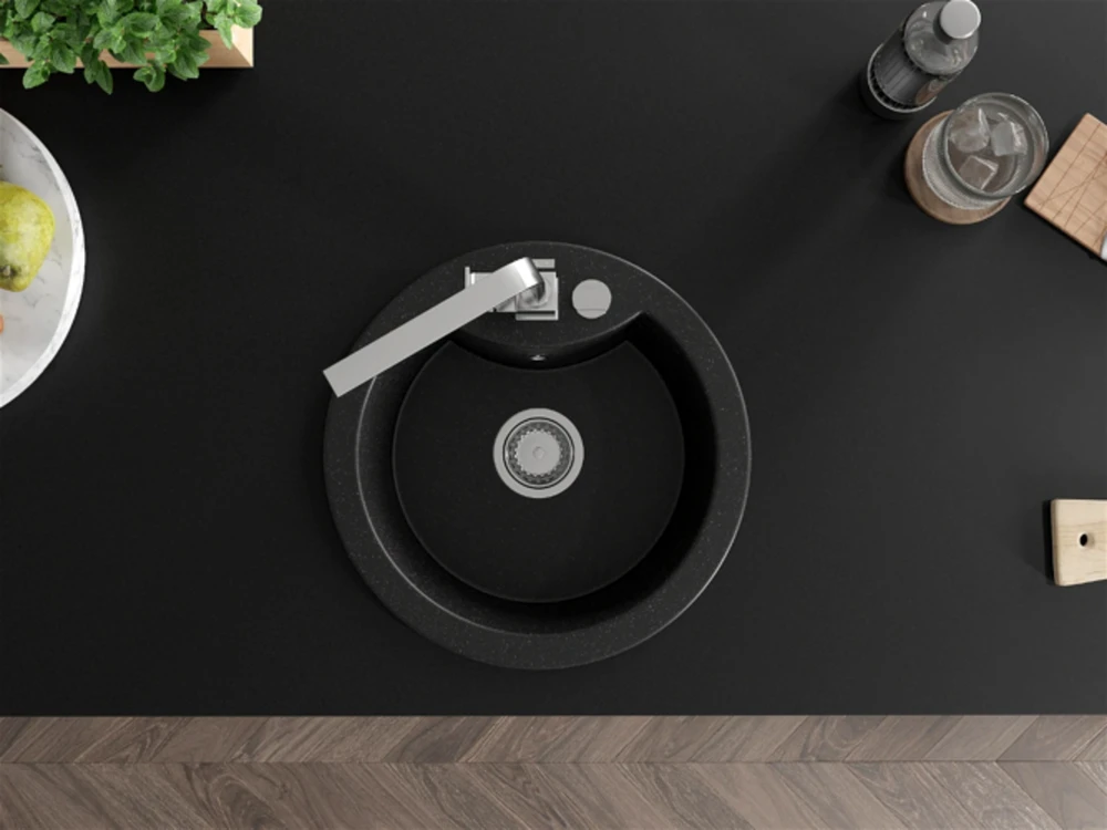 Granitinė virtuvinė plautuvė Mexen Diego su maišytuvu ir sifonu, Metallic juodas/sidabrinis+Chrome