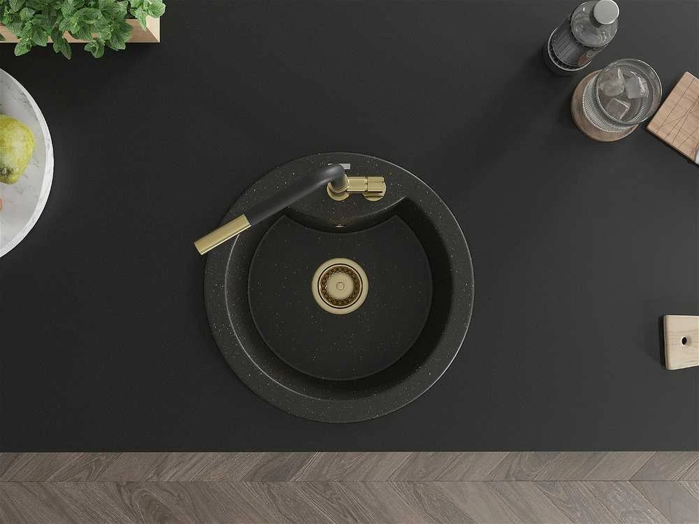 Granitinė virtuvinė plautuvė Mexen Diego su maišytuvu ir sifonu, Metallic juodas/auksinis+Juodas/Gold