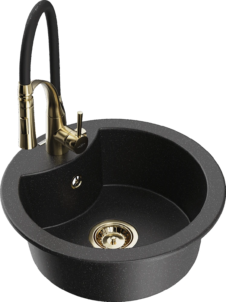 Granitinė virtuvinė plautuvė Mexen Diego su maišytuvu ir sifonu, Metallic juodas/sidabrinis+Juodas/Gold