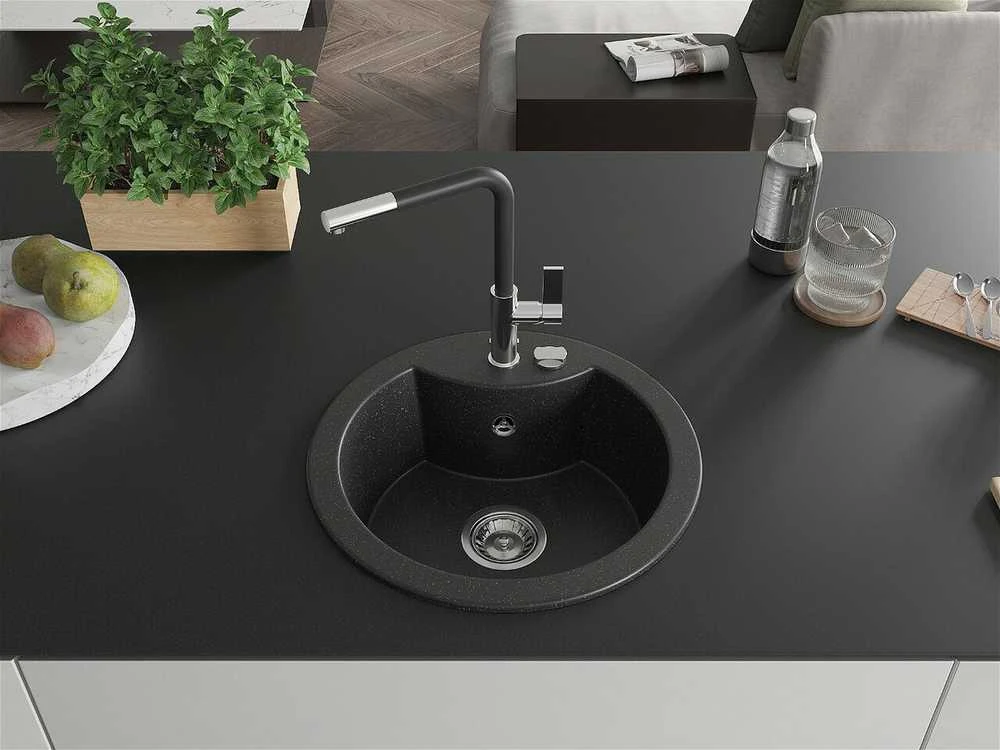 Granitinė virtuvinė plautuvė Mexen Diego su maišytuvu ir sifonu, Metallic juodas/sidabrinis+Juodas/Chrome