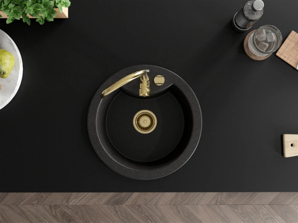 Granitinė virtuvinė plautuvė Mexen Diego su maišytuvu ir sifonu, Juodas granite+Gold
