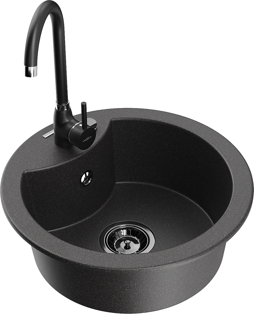 Granitinė virtuvinė plautuvė Mexen Diego su maišytuvu ir sifonu, Juodas granite+Juodas(B)