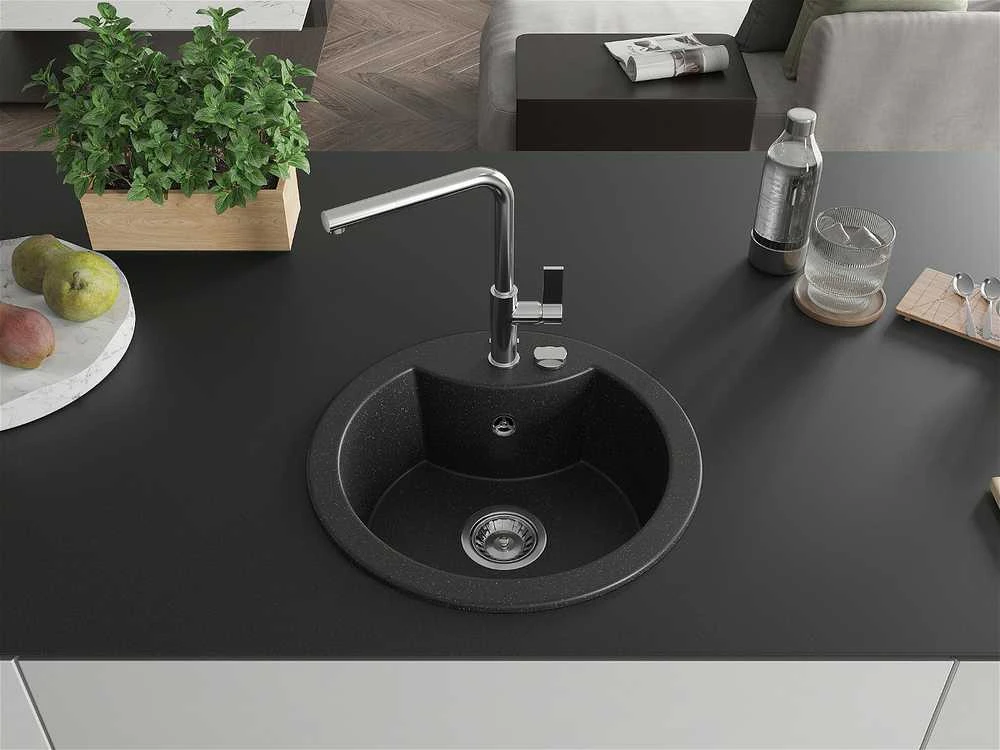 Granitinė virtuvinė plautuvė Mexen Diego su maišytuvu ir sifonu, Metallic juodas/sidabrinis+Chrome