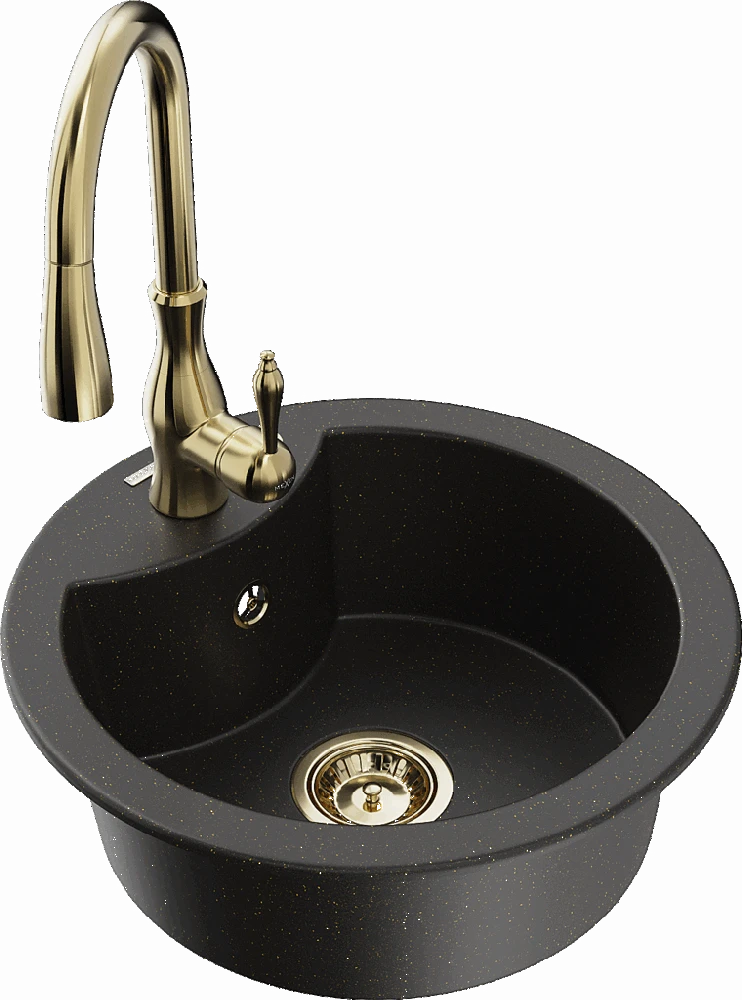Granitinė virtuvinė plautuvė Mexen Diego su maišytuvu ir sifonu, Metallic juodas/auksinis+Gold