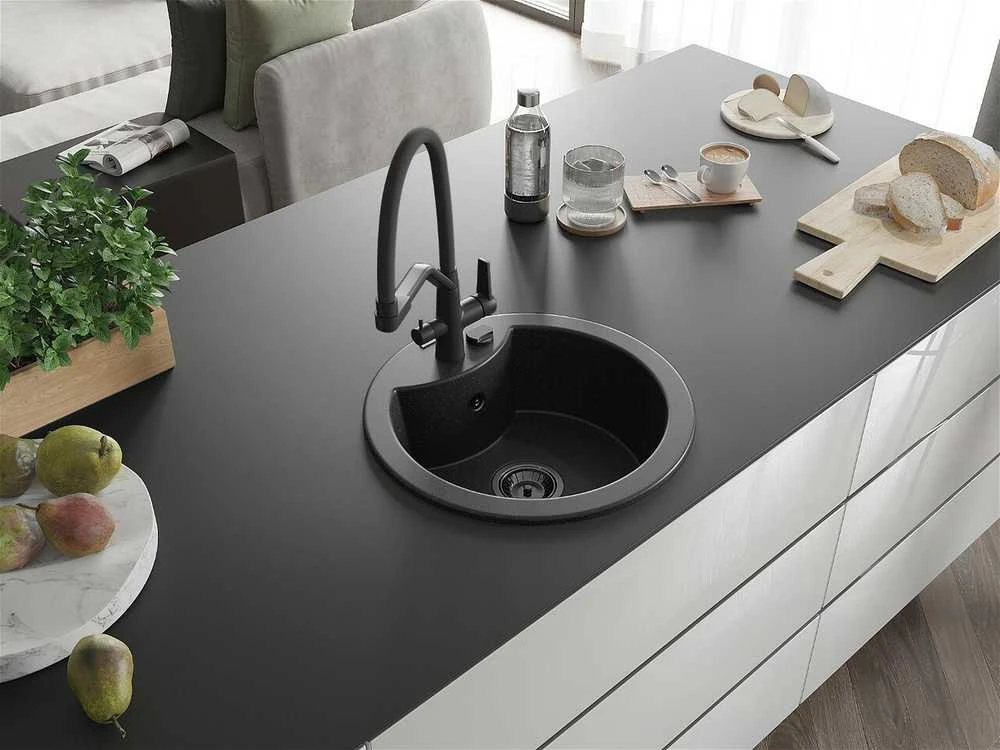 Granitinė virtuvinė plautuvė Mexen Diego su maišytuvu ir sifonu, Metallic juodas/sidabrinis+Juodas