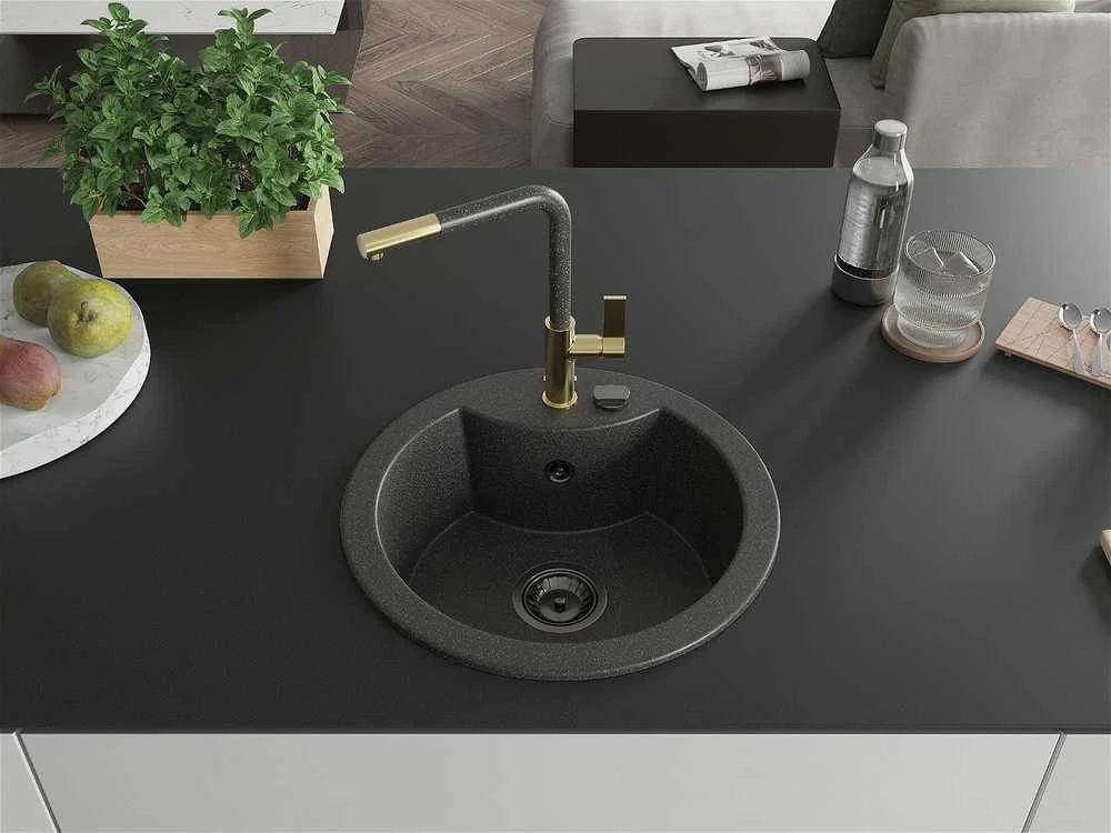 Granitinė virtuvinė plautuvė Mexen Diego su maišytuvu ir sifonu, Juodas granite+Juodas granite/Gold