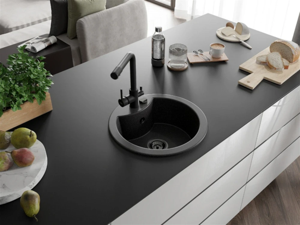 Granitinė virtuvinė plautuvė Mexen Diego su maišytuvu ir sifonu, Juodas granite+Juodas(B)