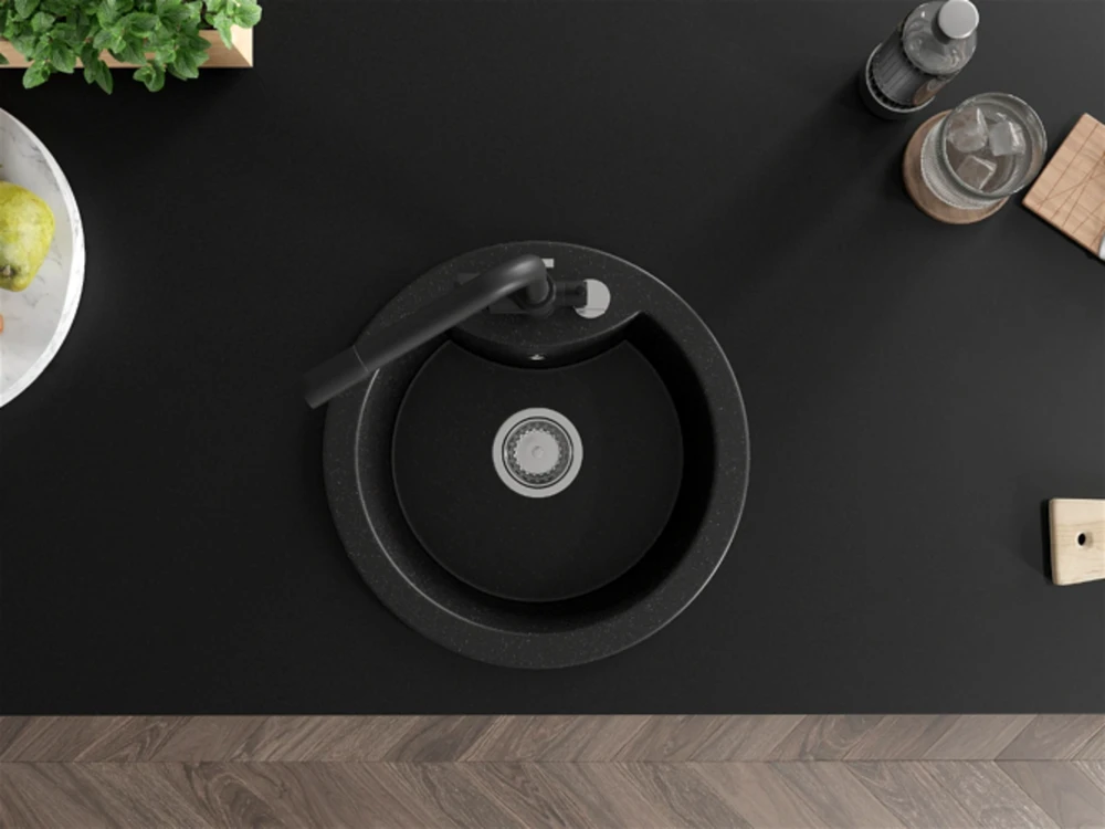 Granitinė virtuvinė plautuvė Mexen Diego su maišytuvu ir sifonu, Metallic juodas/sidabrinis+Juodas