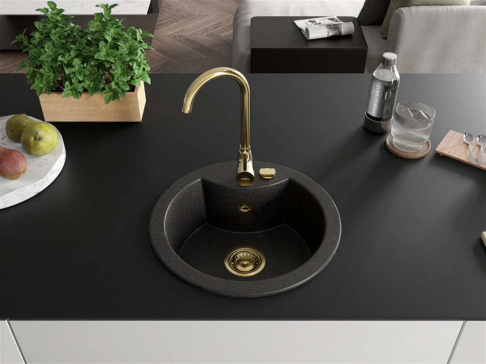 Granitinė virtuvinė plautuvė Mexen Diego su maišytuvu ir sifonu, Juodas granite+Gold