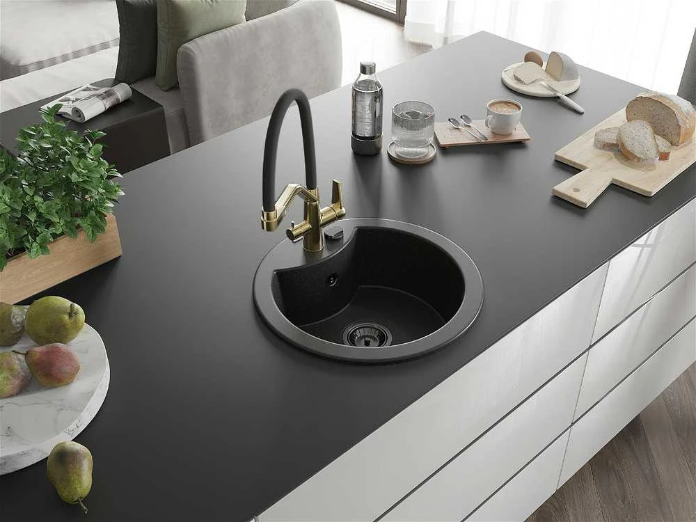 Granitinė virtuvinė plautuvė Mexen Diego su maišytuvu ir sifonu, Metallic juodas/sidabrinis+Juodas/Gold