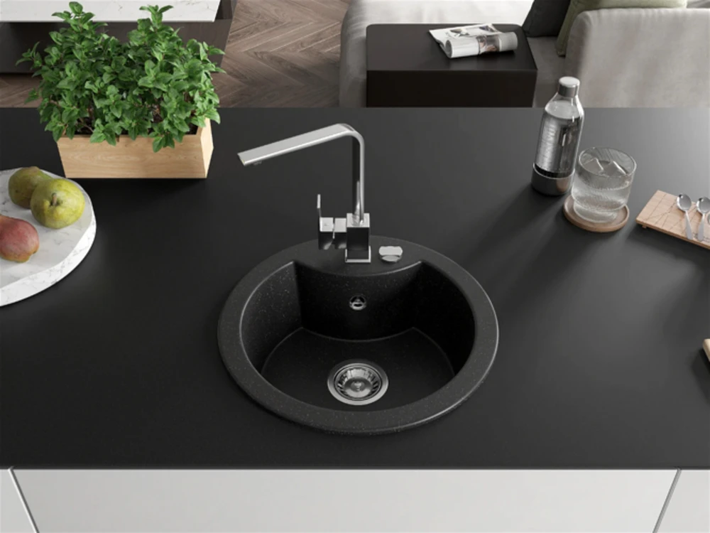Granitinė virtuvinė plautuvė Mexen Diego su maišytuvu ir sifonu, Metallic juodas/sidabrinis+Chrome