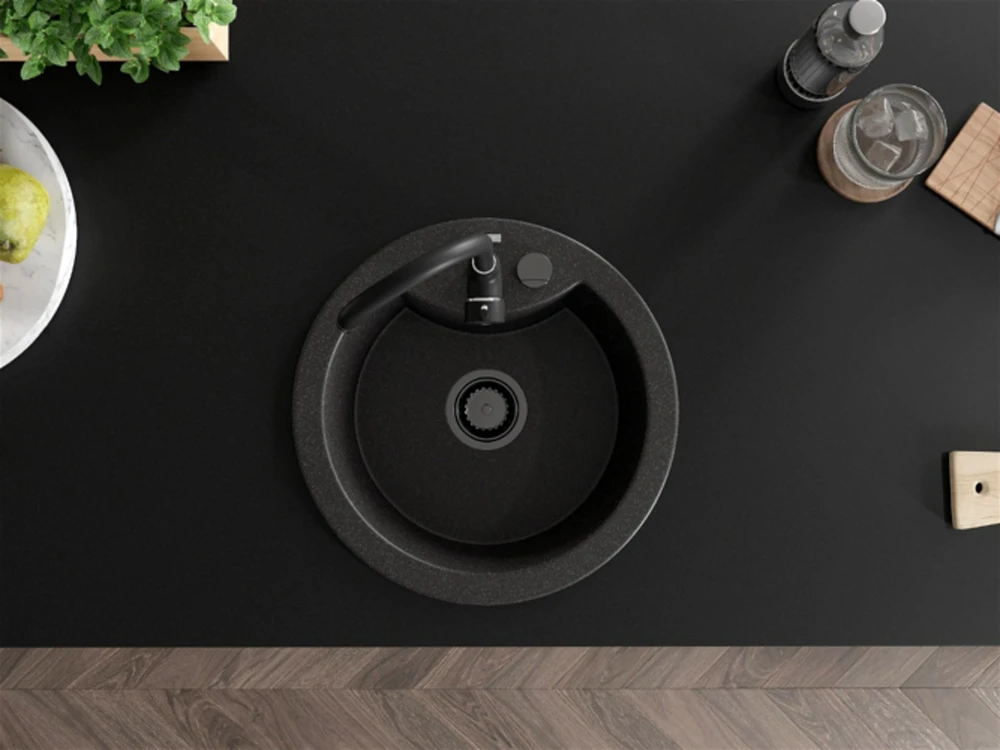 Granitinė virtuvinė plautuvė Mexen Diego su maišytuvu ir sifonu, Juodas granite+Juodas(B)