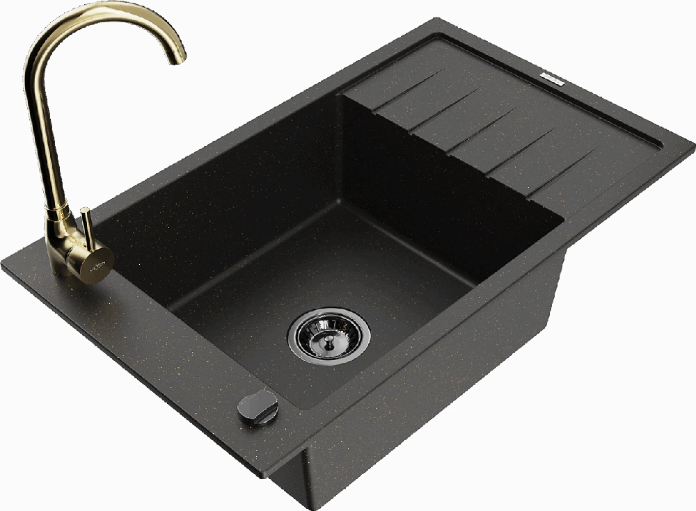 Granitinė virtuvinė plautuvė Mexen Elias su maišytuvu ir sifonu, Metallic juodas/auksinis+Gold