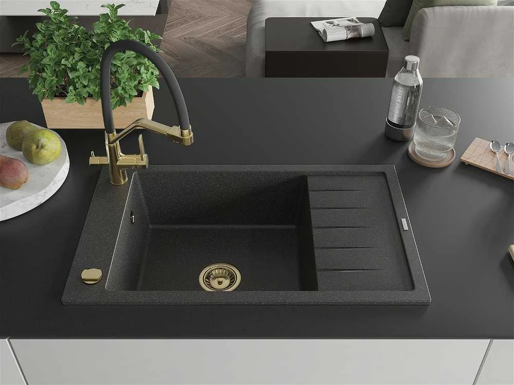 Granitinė virtuvinė plautuvė Mexen Elias su maišytuvu ir sifonu, Juodas granite+Juodas/Gold