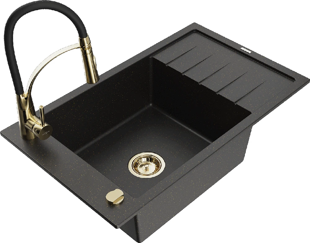 Granitinė virtuvinė plautuvė Mexen Elias su maišytuvu ir sifonu, Metallic juodas/auksinis+Juodas/Gold