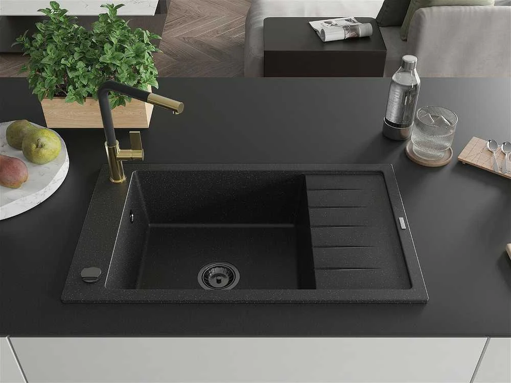Granitinė virtuvinė plautuvė Mexen Elias su maišytuvu ir sifonu, Metallic juodas/sidabrinis+Juodas/Gold