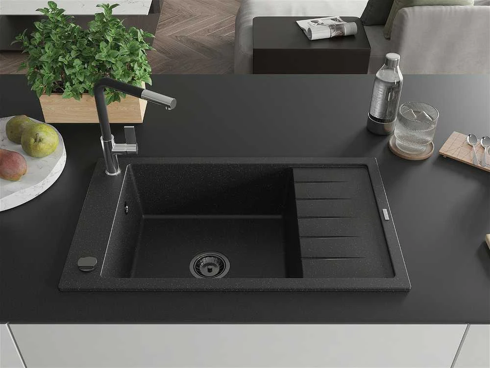 Granitinė virtuvinė plautuvė Mexen Elias su maišytuvu ir sifonu, Metallic juodas/sidabrinis+Juodas/Chrome