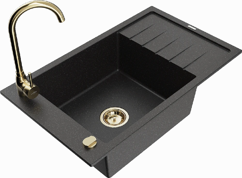Granitinė virtuvinė plautuvė Mexen Elias su maišytuvu ir sifonu, Metallic juodas/sidabrinis+Gold