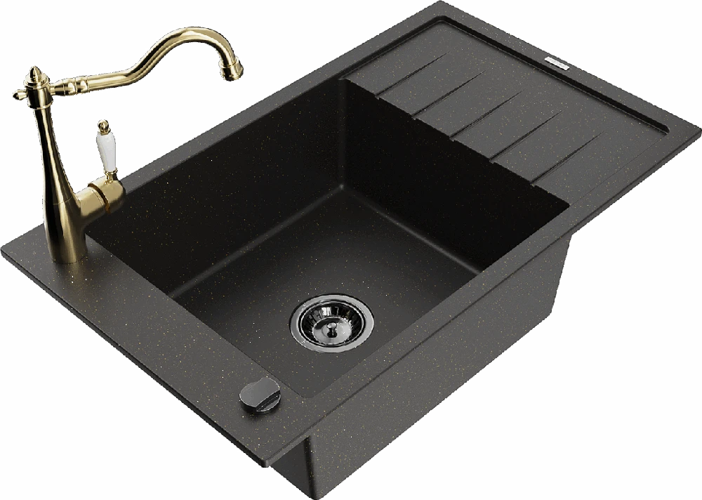 Granitinė virtuvinė plautuvė Mexen Elias su maišytuvu ir sifonu, Metallic juodas/auksinis+Gold
