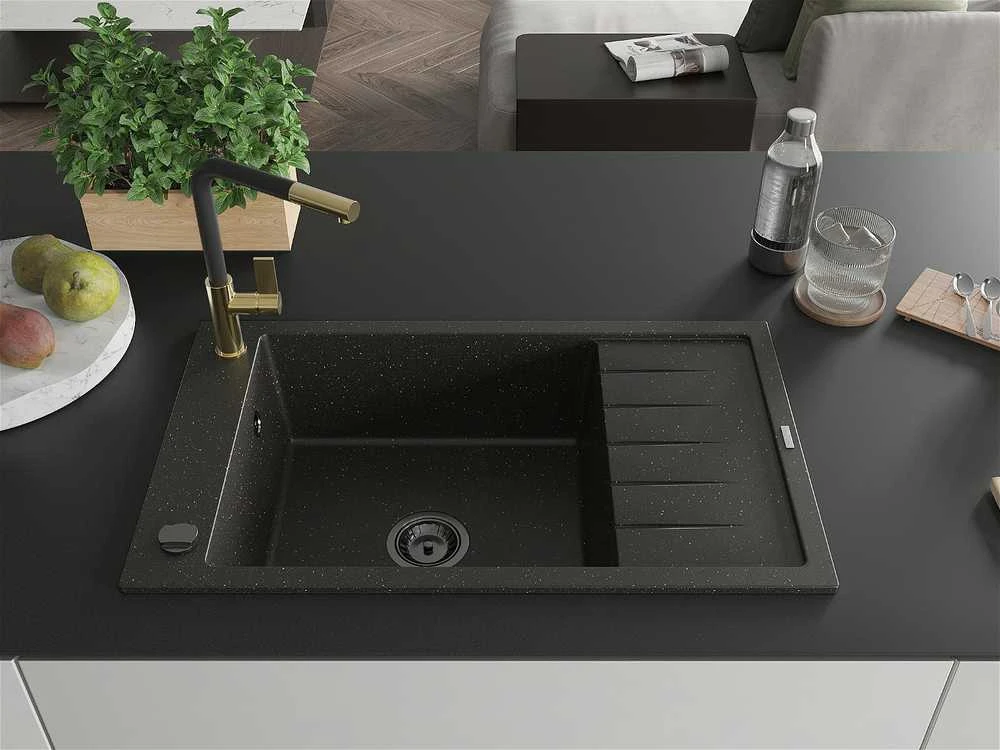 Granitinė virtuvinė plautuvė Mexen Elias su maišytuvu ir sifonu, Metallic juodas/auksinis+Juodas/Gold