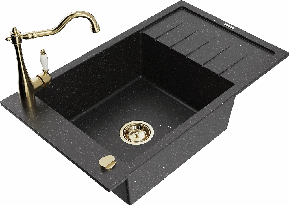 Granitinė virtuvinė plautuvė Mexen Elias su maišytuvu ir sifonu, Metallic juodas/sidabrinis+Gold