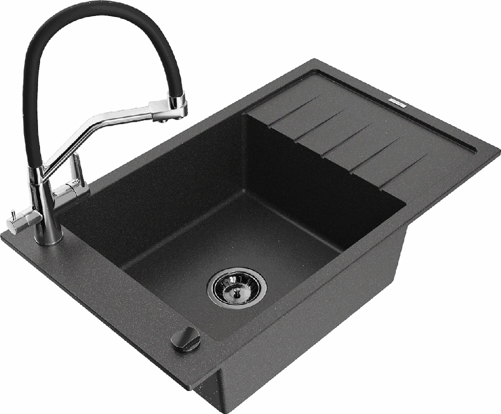 Granitinė virtuvinė plautuvė Mexen Elias su maišytuvu ir sifonu, Juodas granite+Juodas/Chrome