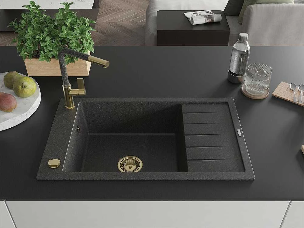 Granitinė virtuvinė plautuvė Mexen Elias su maišytuvu ir sifonu, Juodas granite+Juodas granite/Gold