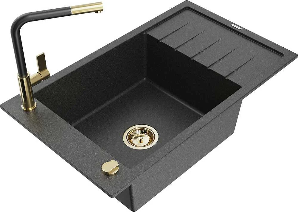 Granitinė virtuvinė plautuvė Mexen Elias su maišytuvu ir sifonu, Juodas granite+Juodas/Gold