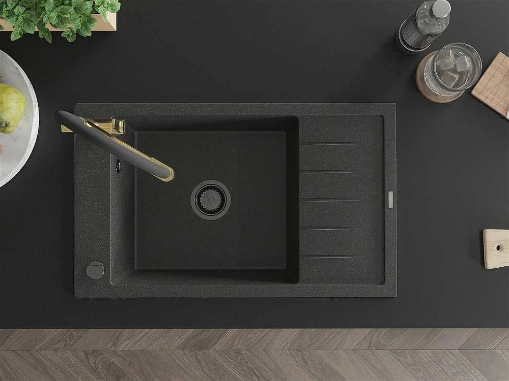 Granitinė virtuvinė plautuvė Mexen Elias su maišytuvu ir sifonu, Juodas granite+Juodas/Gold