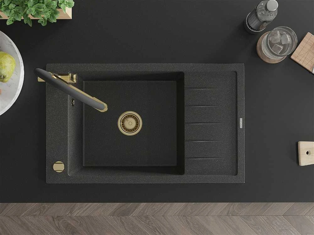 Granitinė virtuvinė plautuvė Mexen Elias su maišytuvu ir sifonu, Juodas granite+Juodas/Gold