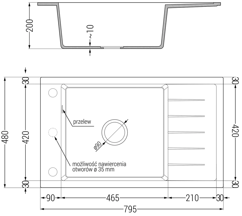 Granitinė virtuvinė plautuvė Mexen Elias su sifonu, Juodas, 795 x 480 mm