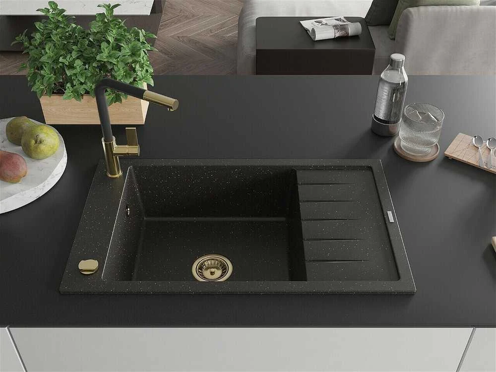 Granitinė virtuvinė plautuvė Mexen Elias su maišytuvu ir sifonu, Metallic juodas/auksinis+Juodas/Gold