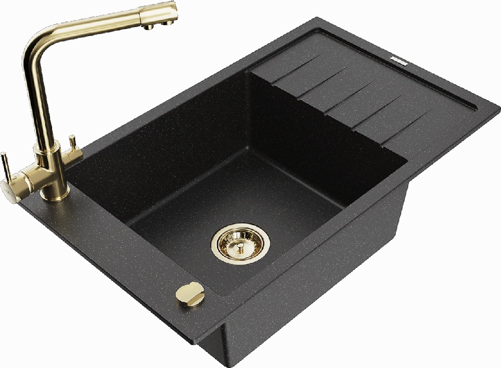 Granitinė virtuvinė plautuvė Mexen Elias su maišytuvu ir sifonu, Metallic juodas/sidabrinis+Gold