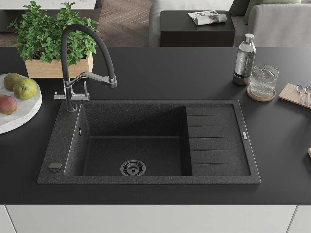 Granitinė virtuvinė plautuvė Mexen Elias su maišytuvu ir sifonu, Juodas granite+Juodas/Chrome