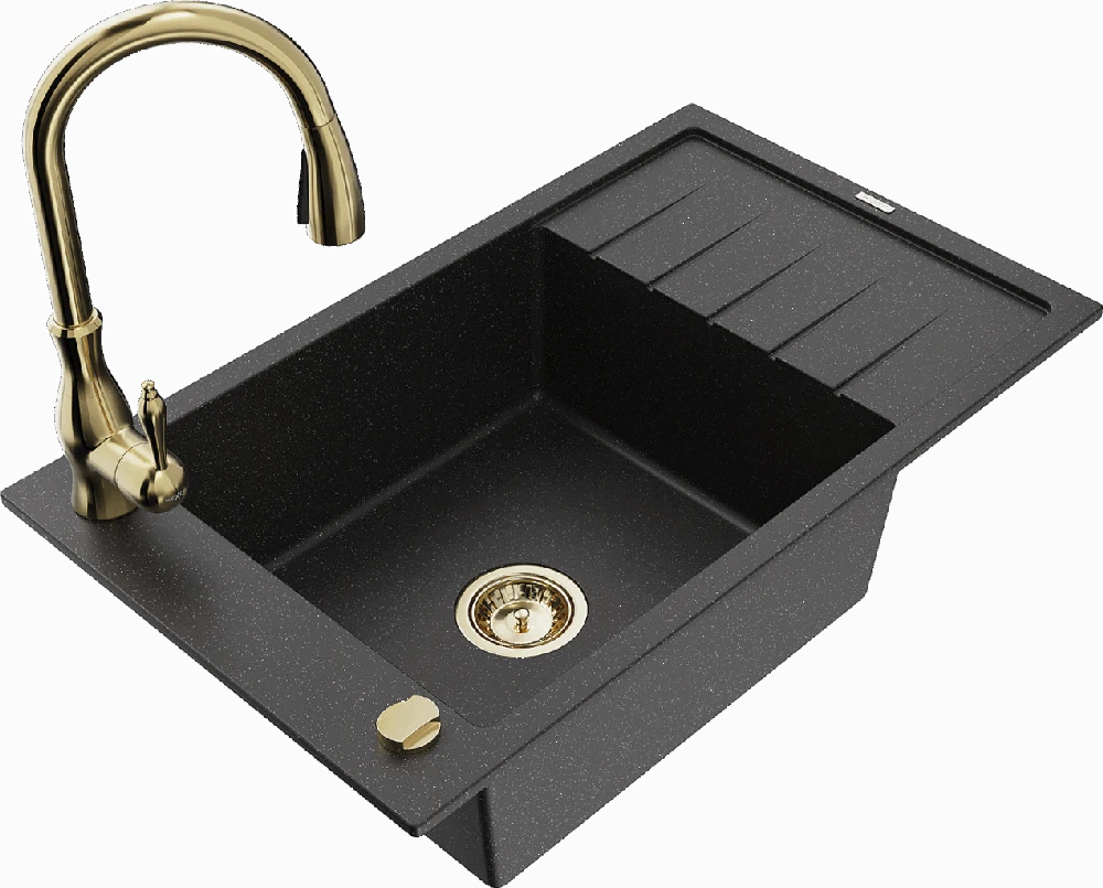 Granitinė virtuvinė plautuvė Mexen Elias su maišytuvu ir sifonu, Metallic juodas/sidabrinis+Gold