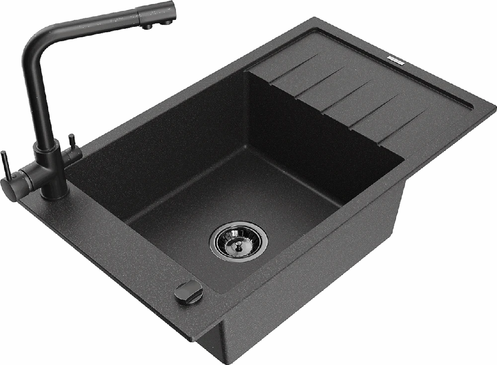 Granitinė virtuvinė plautuvė Mexen Elias su maišytuvu ir sifonu, Juodas granite+Juodas
