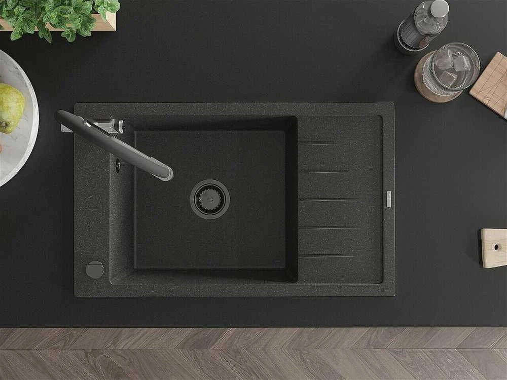 Granitinė virtuvinė plautuvė Mexen Elias su maišytuvu ir sifonu, Juodas granite+Juodas/Chrome