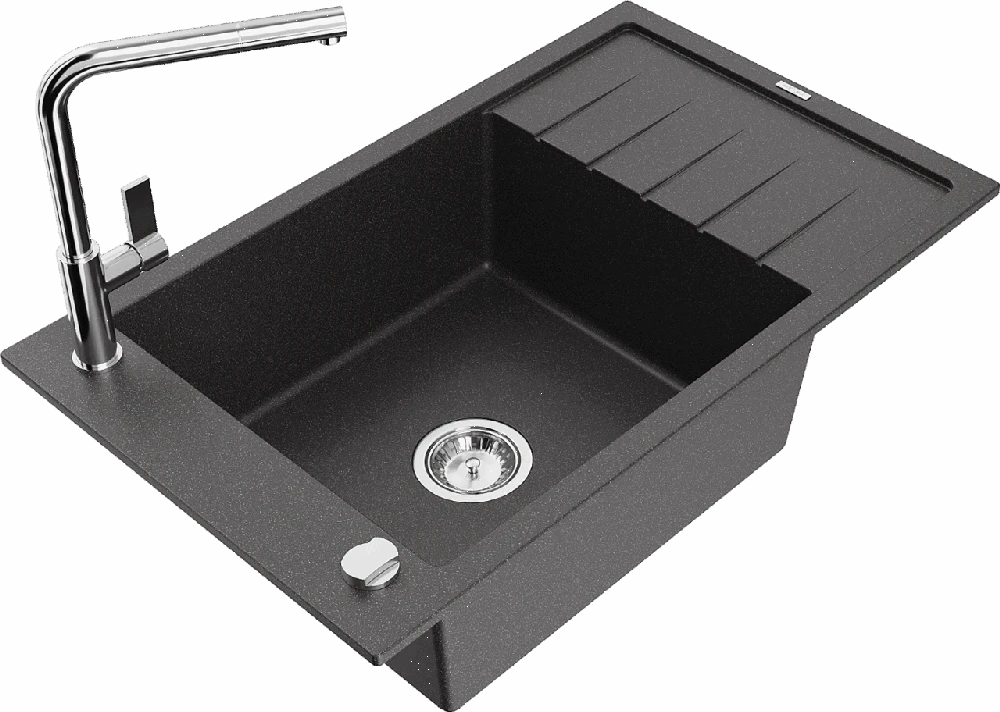 Granitinė virtuvinė plautuvė Mexen Elias su maišytuvu ir sifonu, Juodas granite+Chrome